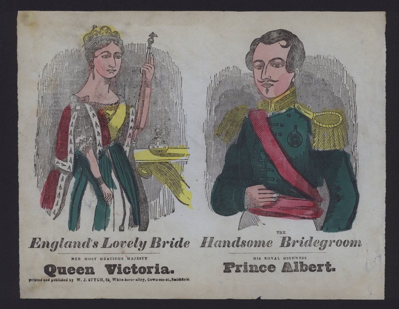 Populär illustration som firar drottning Victorias och prins Alberts bröllop (färgad gravyr) av English School
