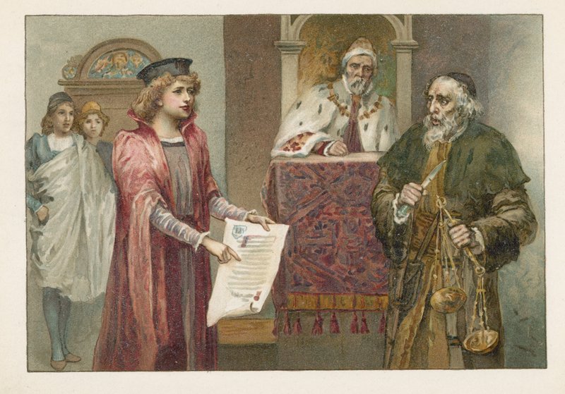 Portia, Shylock och domaren i The Merchant of Venice av English School