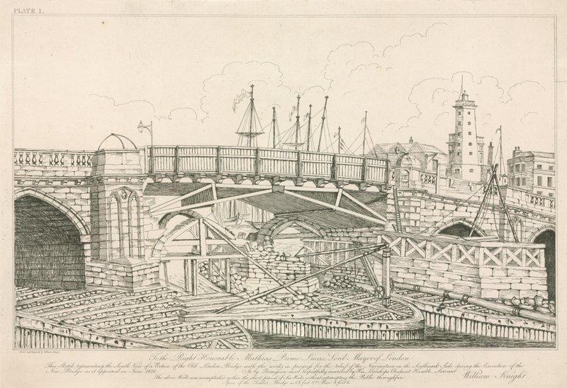 Del av Old London Bridge, ritad 1826 under byggnadsarbeten av English School
