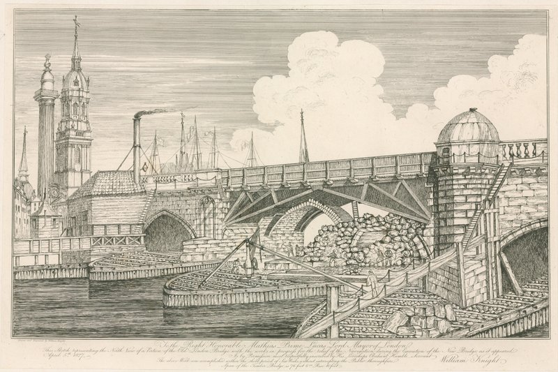 Del av Old London Bridge, ritad 1827 under byggnadsarbeten av English School