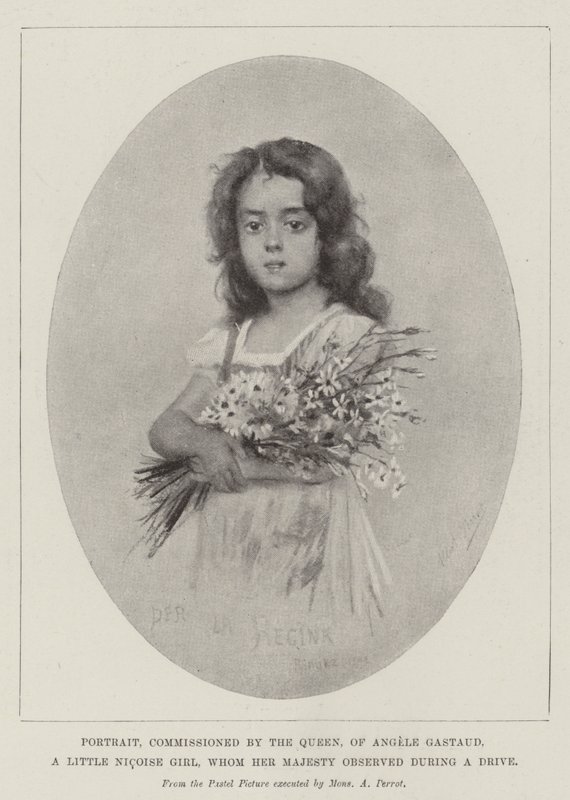 Porträtt, på uppdrag av drottningen, av Angele Gastaud, en liten Nicoise Girl, som Hennes Majestät observerade under en bilresa (litho) av English School