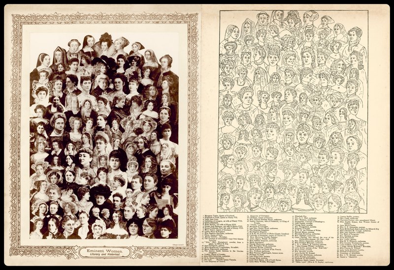 Porträttmontage, ca 1910: Framstående kvinnor, litterära och historiska (litografi) av English School