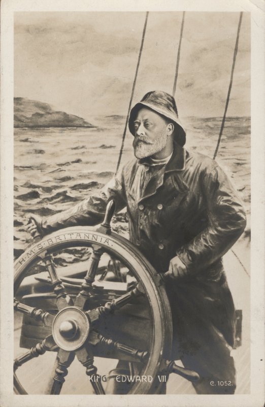 Porträtt av kung Edward VII vid rodret för HMS Britannia (litho) av English School