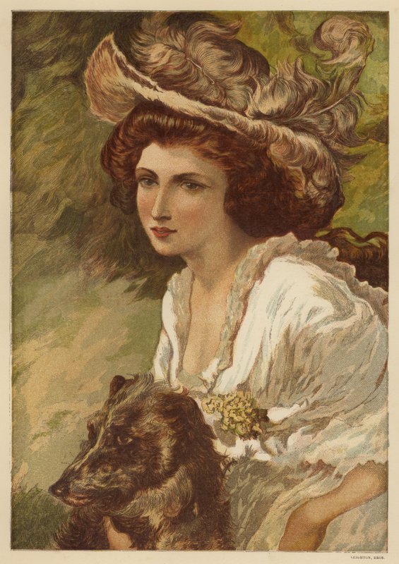 Porträtt av en ung kvinna med en hund (färg litho) av English School