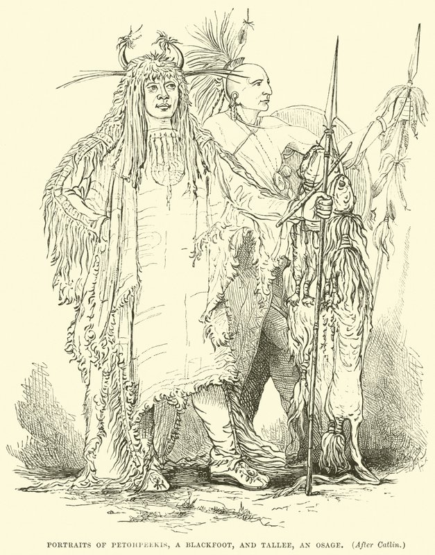 Porträtt av Petohpeekis, en Blackfoot, och Tallee, en Osage av English School