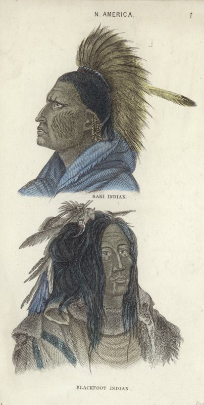 Porträtt av en Saki-indian och en Blackfoot-indian (färggravyr) av English School