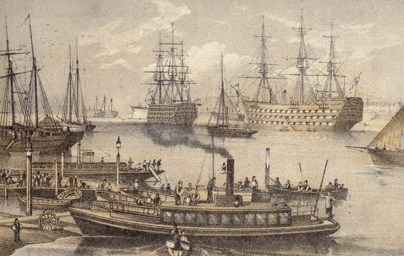 Portsmouth Harbour (färgad gravyr) av English School