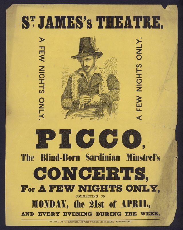 Affischreklamkonserter av Picco, en blind Sardinian Minstrel på St James