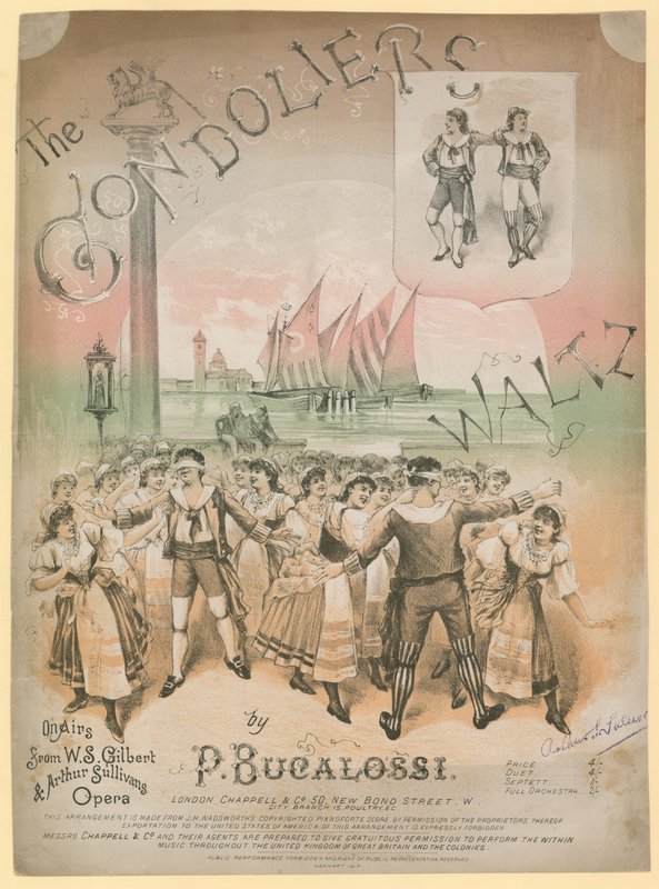Affisch för The Gondoliers Waltz av P Bucalossi på sändning av W S Gilbert och Arthur Sullivans opera av English School
