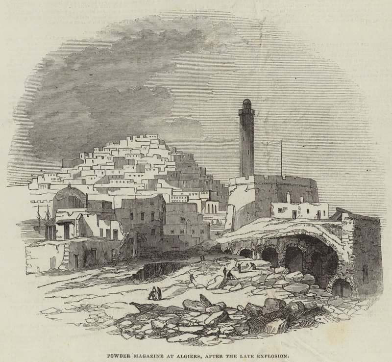 Powder Magazine i Alger, efter den sena explosionen (gravyr) av English School