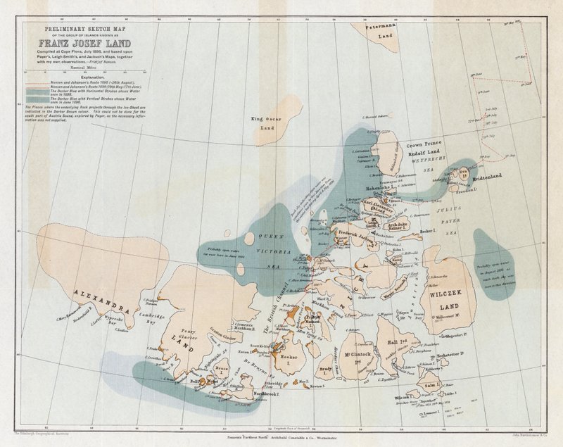 Preliminär skisskarta över gruppen av öar som kallas Franz Josef Land av English School