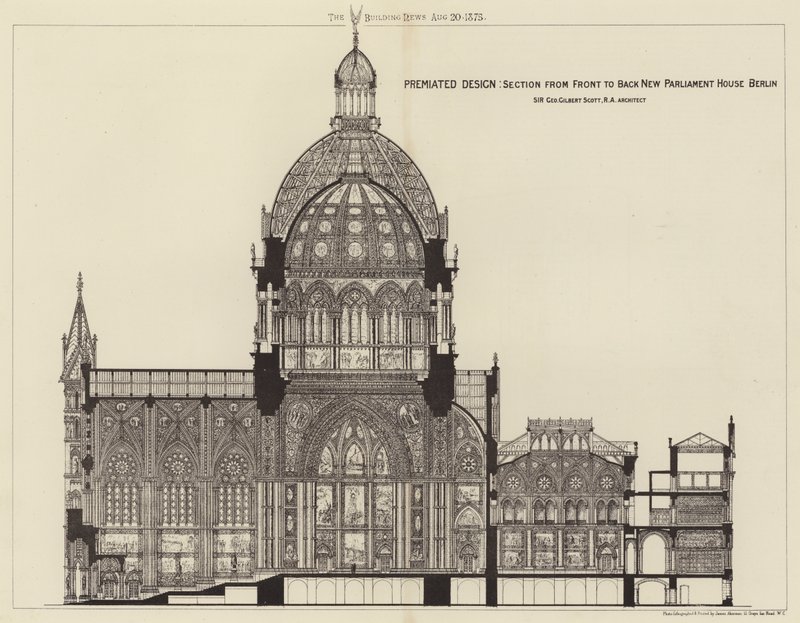 Förberedd design, sektion från framsidan till baksidan New Parliament House Berlin (gravyr) av English School