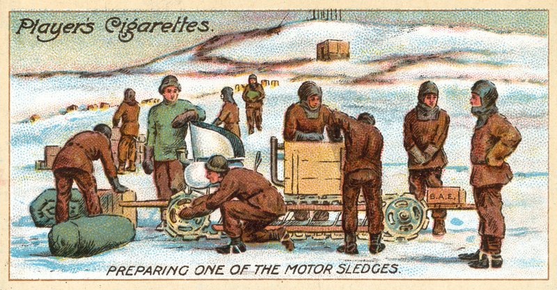 Förbereda en av motorslädarna (chromolitho) av English School