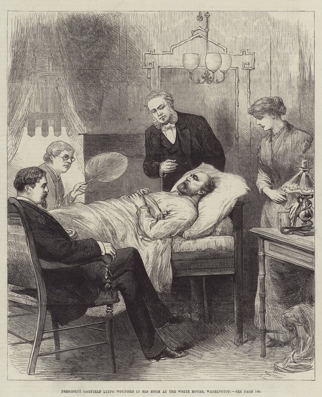 President Garfield ligger skadad i sitt rum i Vita huset, Washington av English School