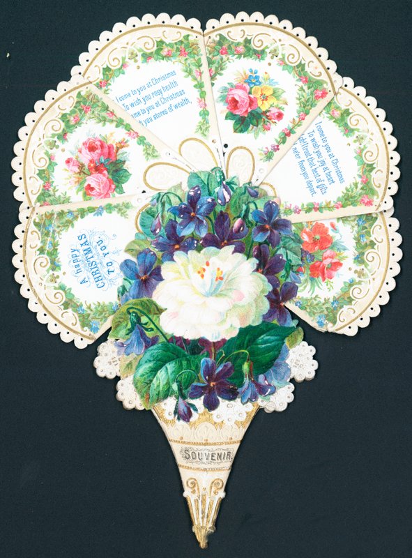 Vackra blommor i form av en fläkt, julkort av English School