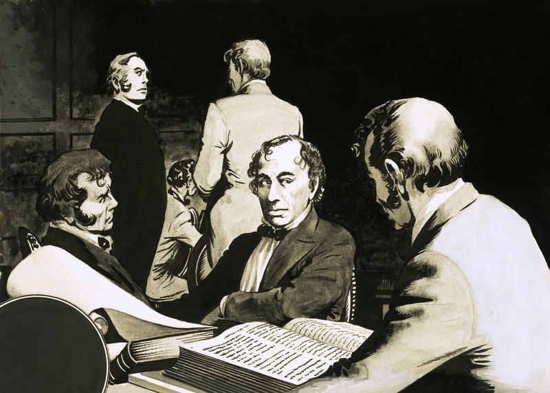 Premiärminister Benjamin Disraeli konfererar med sina konservativa kollegor av English School