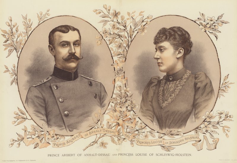 Prins Aribert av Anhalt-Dessau och prinsessan Louise av Schleswig-Holstein (chromolitho) av English School