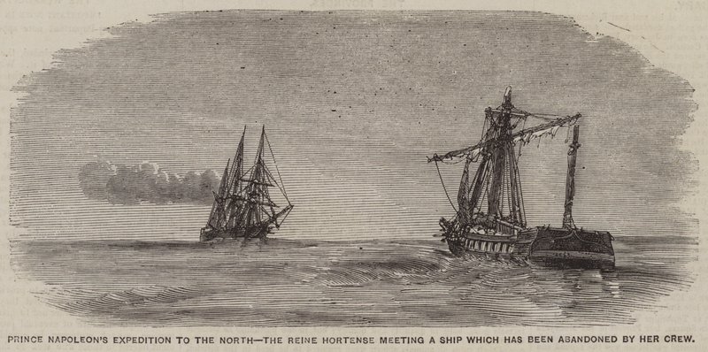 Prins Napoleons expedition mot norr, Reine Hortense möter ett skepp som har övergetts av hennes besättning (gravyr) av English School