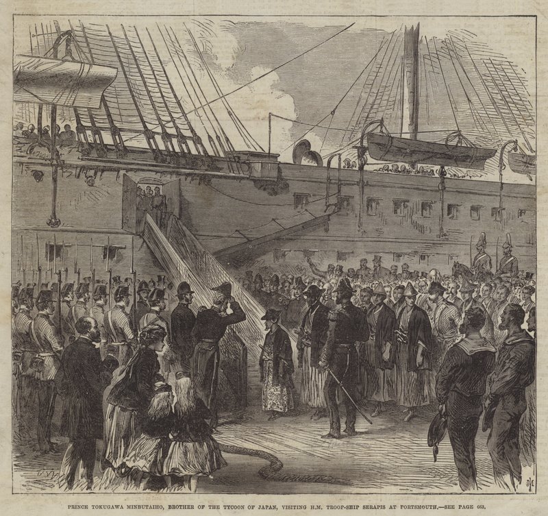 Prins Tokugawa Minbutaiho, bror till Tycoon of Japan, besöker HM Troop-Ship Serapis i Portsmouth (gravyr) av English School