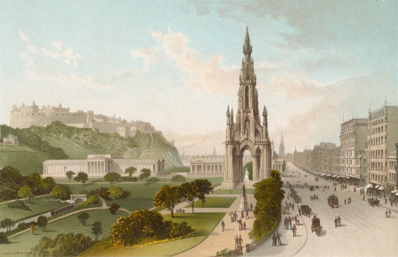 Princes Street Edinburgh. Tittar västerut av English School