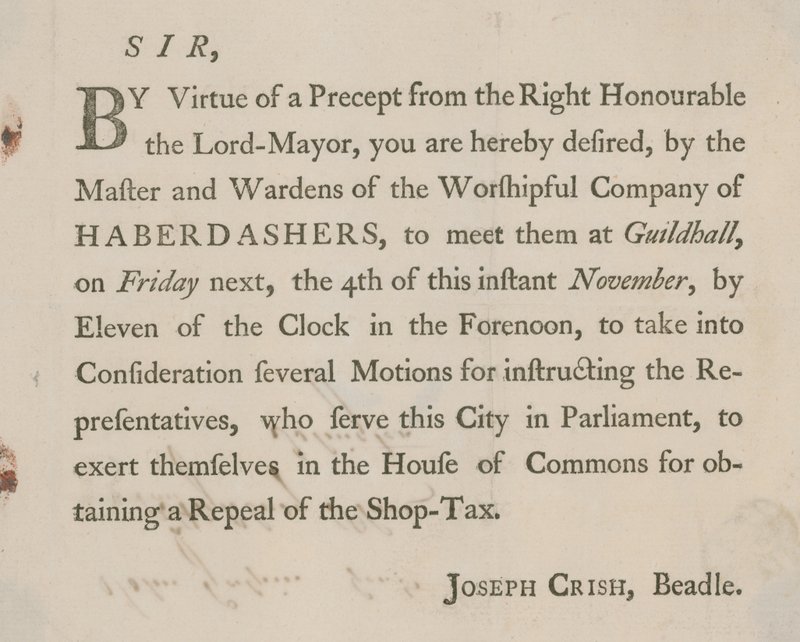 Tryckt brev från Joseph Crish, Beadle of Guildhall, London av English School