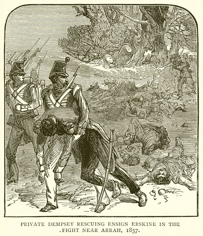 Menig Dempsey räddar fänrik Erskine i kampen nära Arrah, 1857 av English School