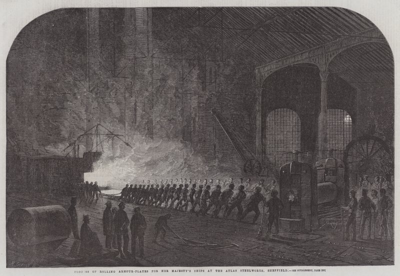 Processen att rulla pansarplåtar för Hennes Majestäts fartyg vid Atlas Steelworks, Sheffield (gravyr) av English School