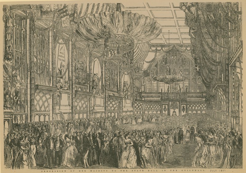 Procession av Hennes Majestät till State Ball i Guildhall, London, juli 1851 av English School