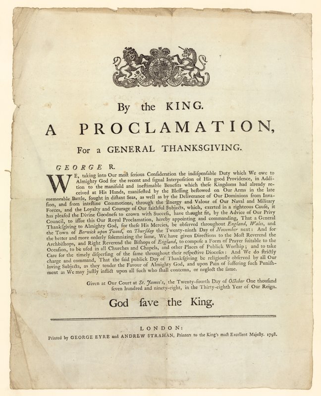 Tillkännagivande om en allmän tacksägelse, 1798 av English School
