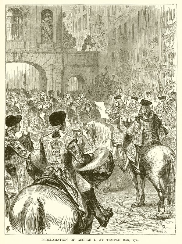 Proklamation av George I på Temple Bar, 1714 av English School
