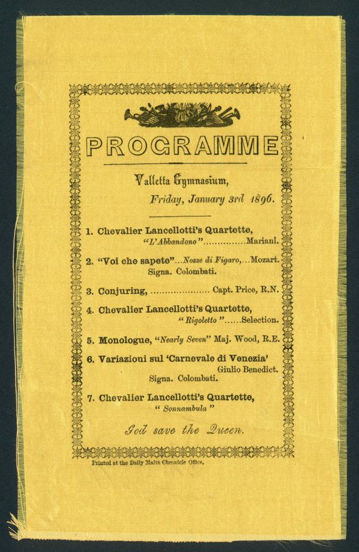 Program för Valletta Gymnasium, 3 januari 1896 (tryckt) av English School