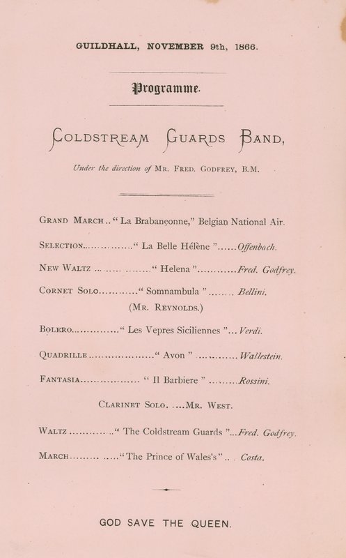 Program för banketten i Guildhall, London, den 9 november 1866 av English School
