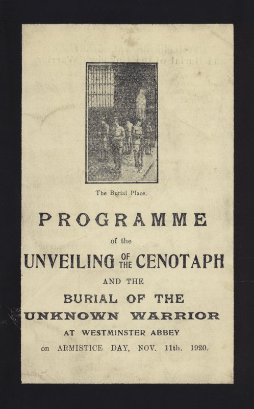 Program för avtäckningen av Cenotaph och begravningen av den okände krigaren, Westminster Abbey, London, 11 november 1920 av English School