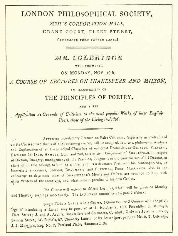 Program för Coleridges föreläsningar från 1808 av English School