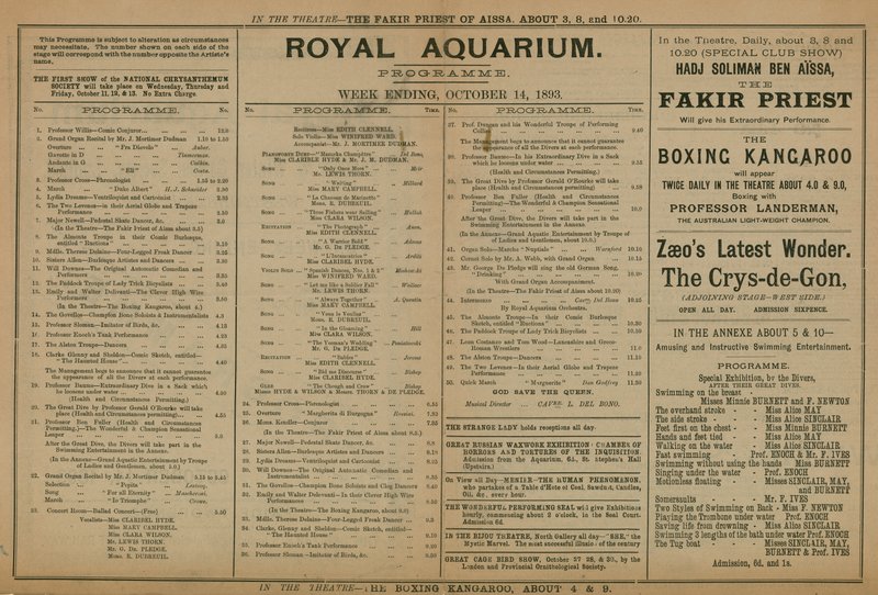Program för evenemang på Royal Aquarium av English School