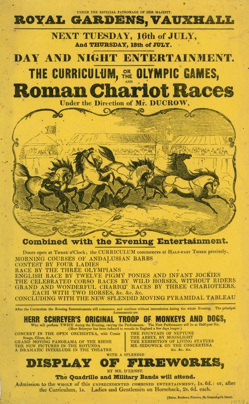 Reklambroschyr för The Curriculum; eller, de olympiska spelen och Roman Chariot Race i Royal Gardens, Vauxhall, London av English School