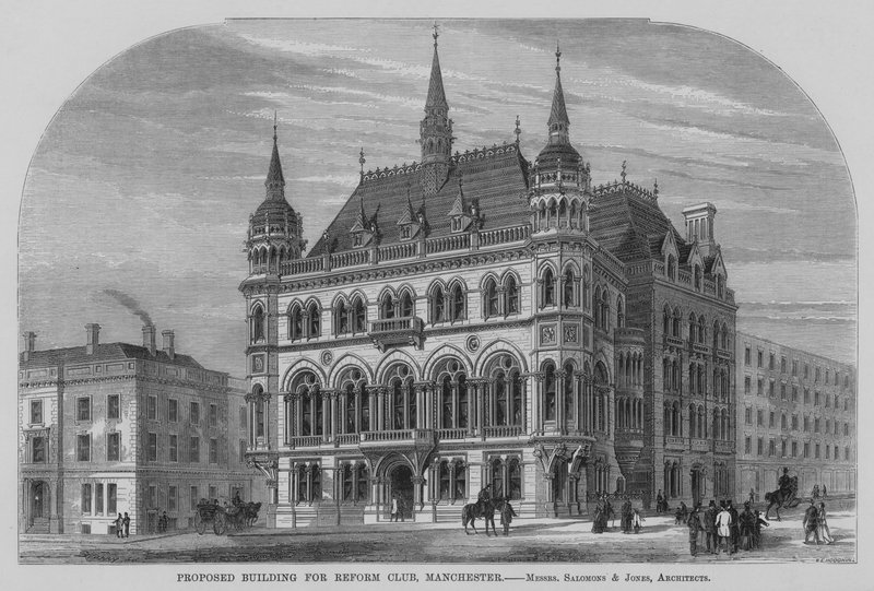 Föreslagen byggnad för Reform Club, Manchester (gravyr) av English School