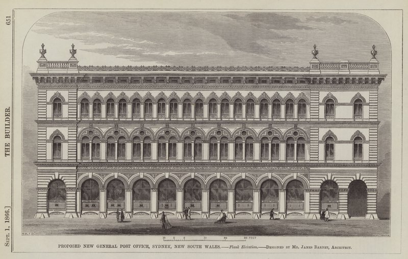 Föreslagna nya allmänna postkontor, Sydney, New South Wales, Flank Elevation, designad av Mr James Barnet, arkitekt (gravyr) av English School