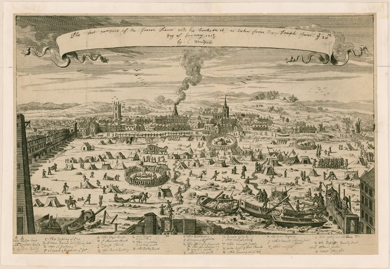 Prospekt av den frusna Themsen, taget från tempeltrappan den 20 januari 171516 av English School
