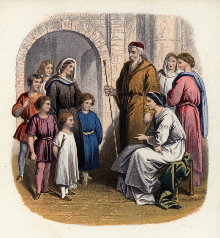 Prudence katekiserar Christianas barn, en illustration från The Pilgrim