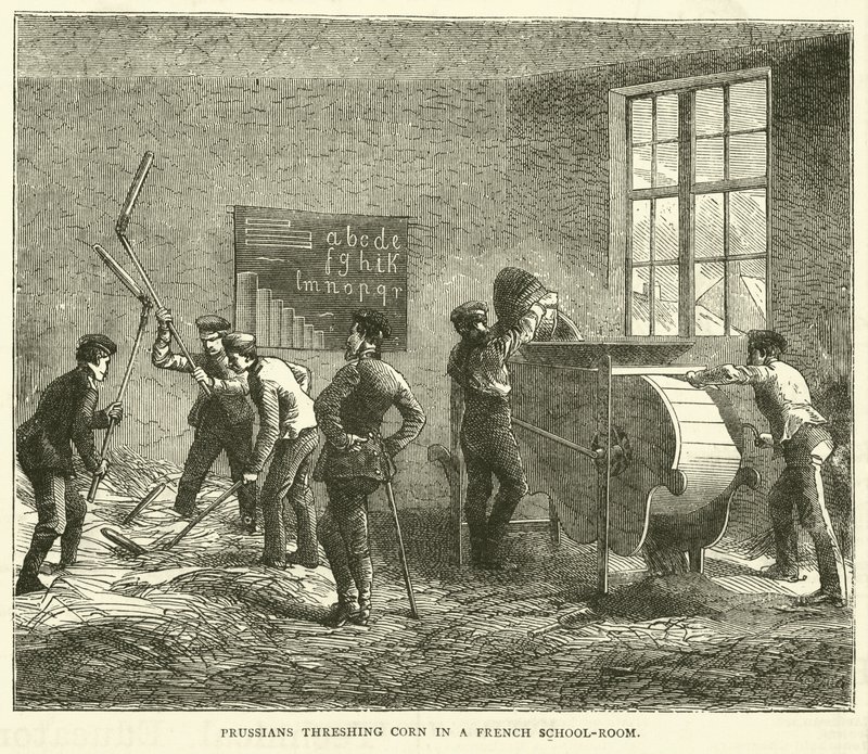 Preussare som tröskar majs i en fransk skolsal, september 1870 av English School