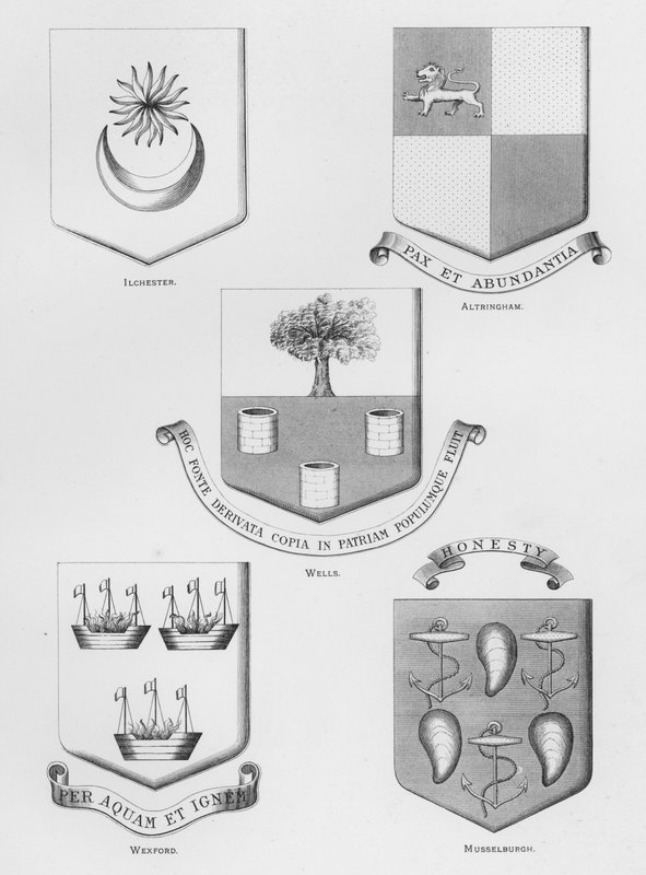Offentliga vapen: Ilchester; Altringham; brunnar; Wexford; Musselburgh (gravyr) av English School