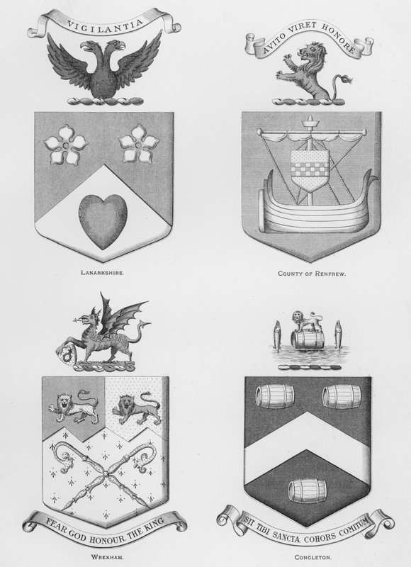 Offentliga vapen: Lanarkshire; County of Renfrew; Wrexham; Congleton (gravyr) av English School
