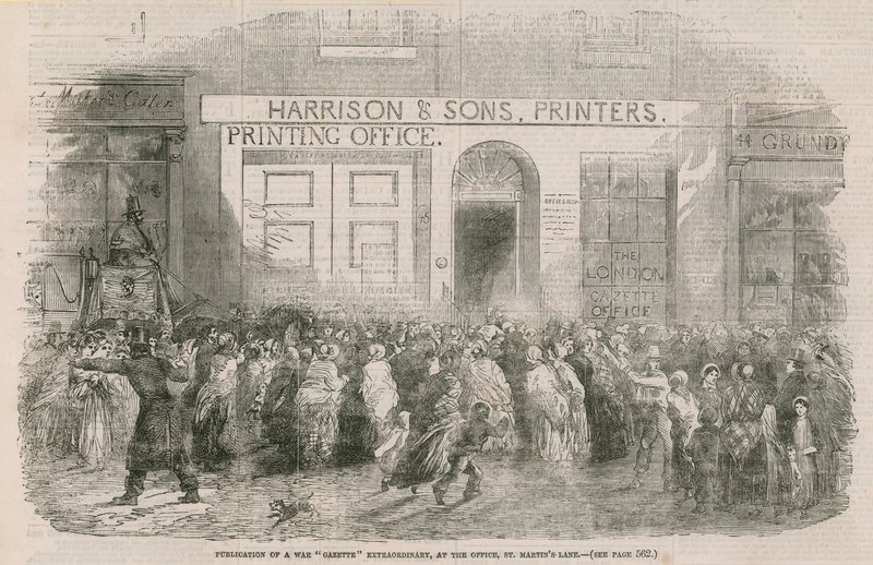 Publicering av en extraordinär krigstidning, på kontoret, St Martins Lane av English School