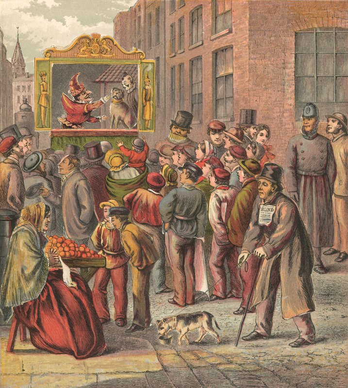 Punch och Judy visar på gatan av English School