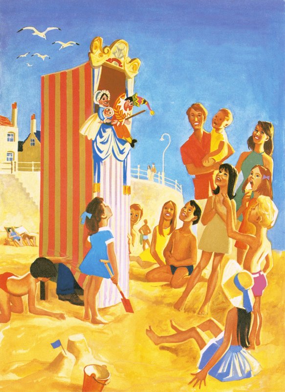 Punch och Judy visar på stranden av English School