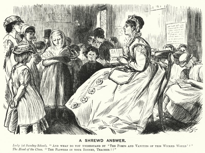 Punch cartoon: A Shrewd Asnwer - viktoriansk söndagsskolascen (gravyr) av English School
