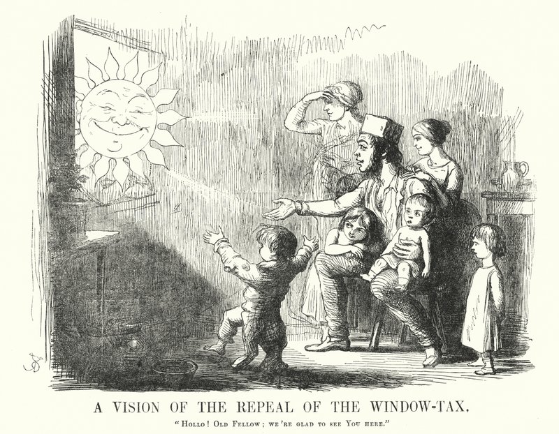 Punch cartoon: A Vision of the Repeal of the Window Tax (gravyr) av English School