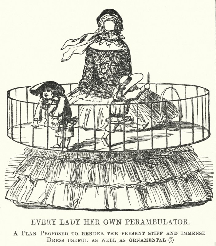 Punch cartoon: Every Lady Her Own Perambulator - modet för damkjolar (gravyr) av English School