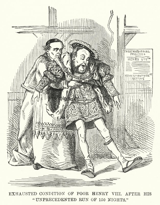 Punch tecknad: Utmattad tillstånd av Poor Henry VIII efter hans aldrig tidigare skådade lopp på 150 nätter (gravyr) av English School